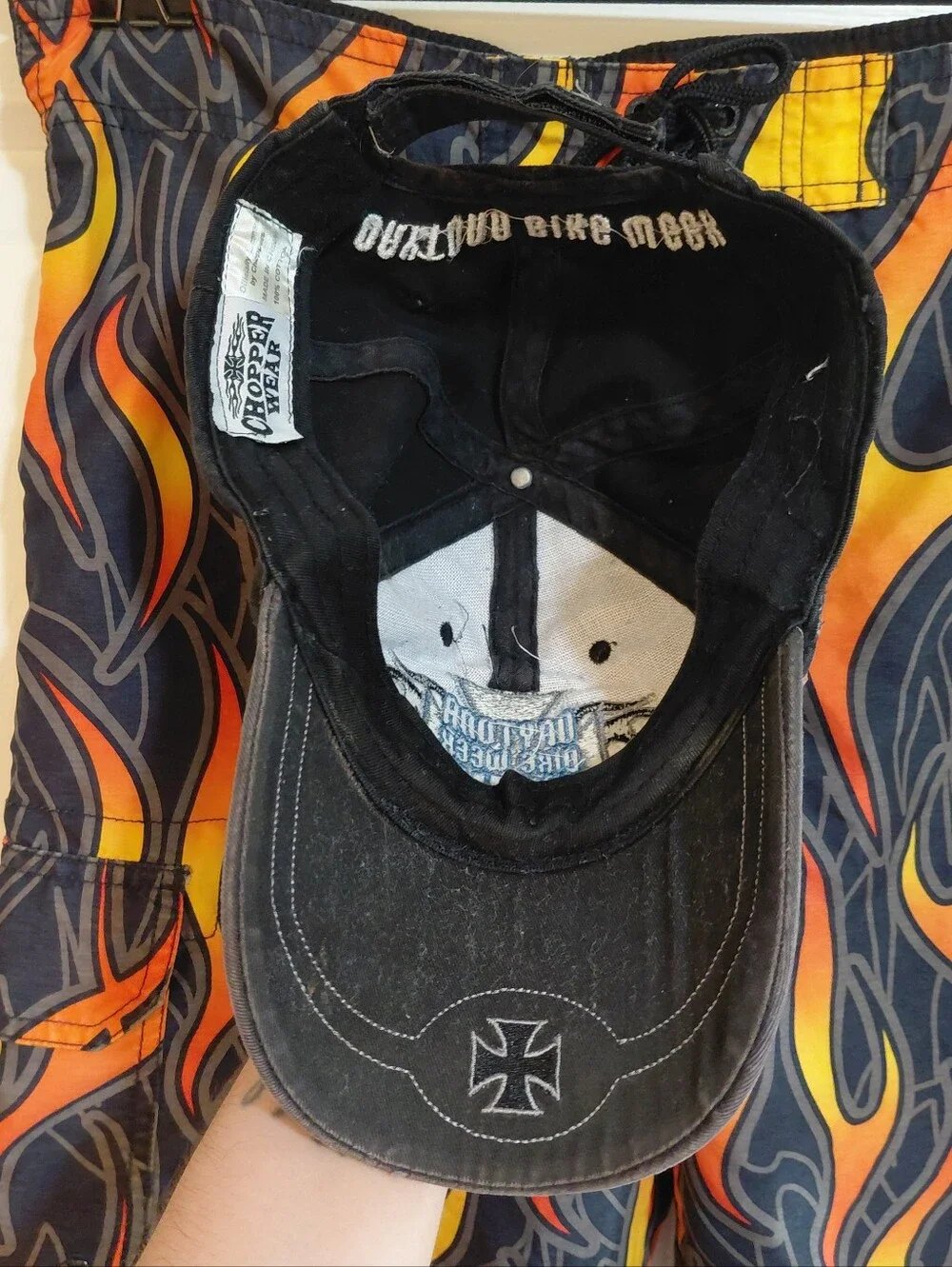 Vintage Y2K Flame Swim Trunks Shorts +  2005 Daytona Bike Week Chopper Hat Cap